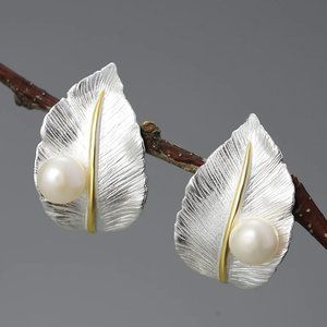 925 Sterling Sliver Pearl & Leave Stud Earrings
